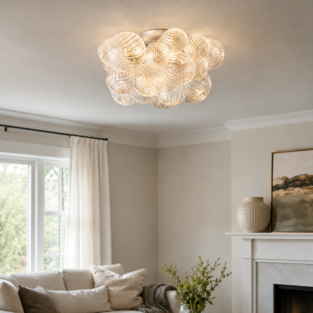 Talia Modern Flushmount 25 inch installed in a neutral living room