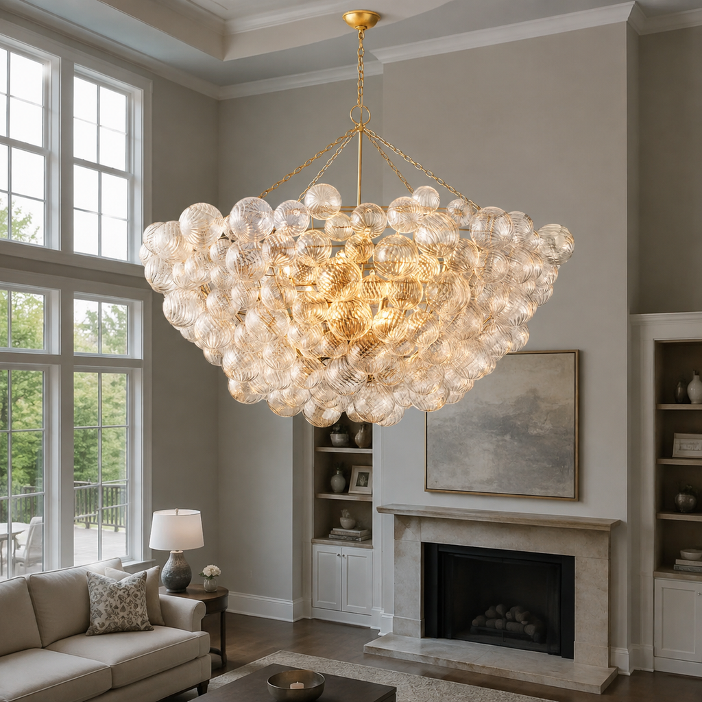 Talia Modern Round Chandelier 66 inch installed in a double-height living room