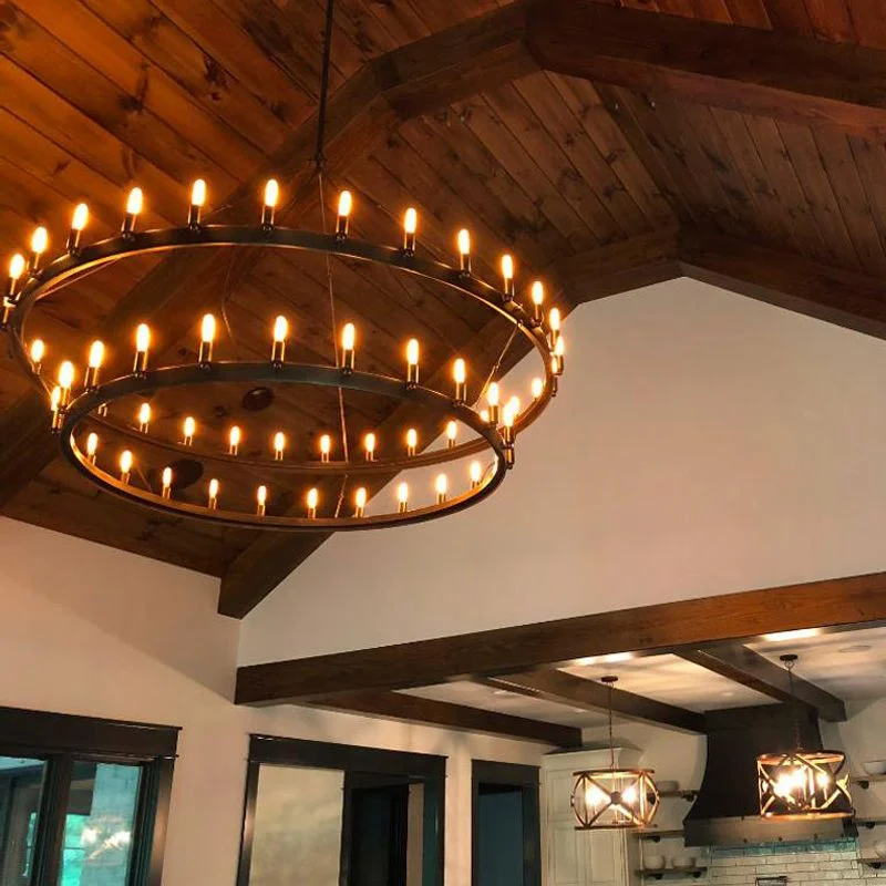 Filament Two-Tier Round Metal Chandelier 36"/50"/63"/73"