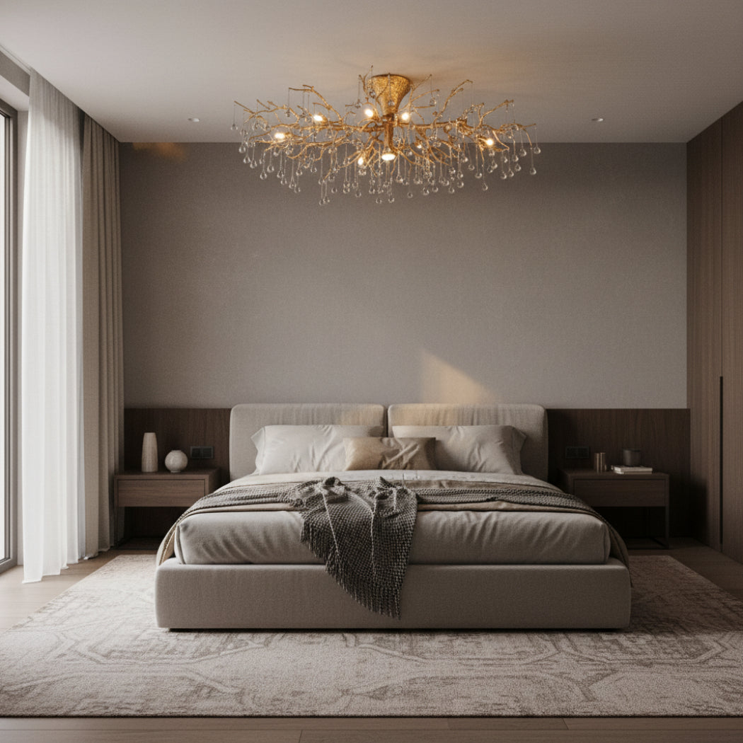 Brass Branch Ceiling Light with Glass Raindrop Pendants Light