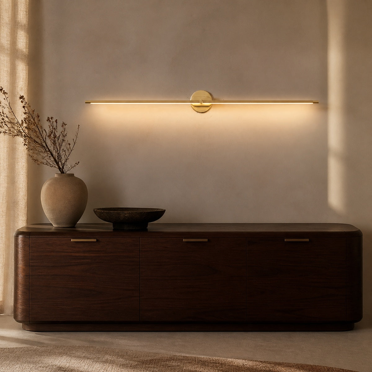 Modern Minimalist Linear Brass Wall Lamp in a warm interior