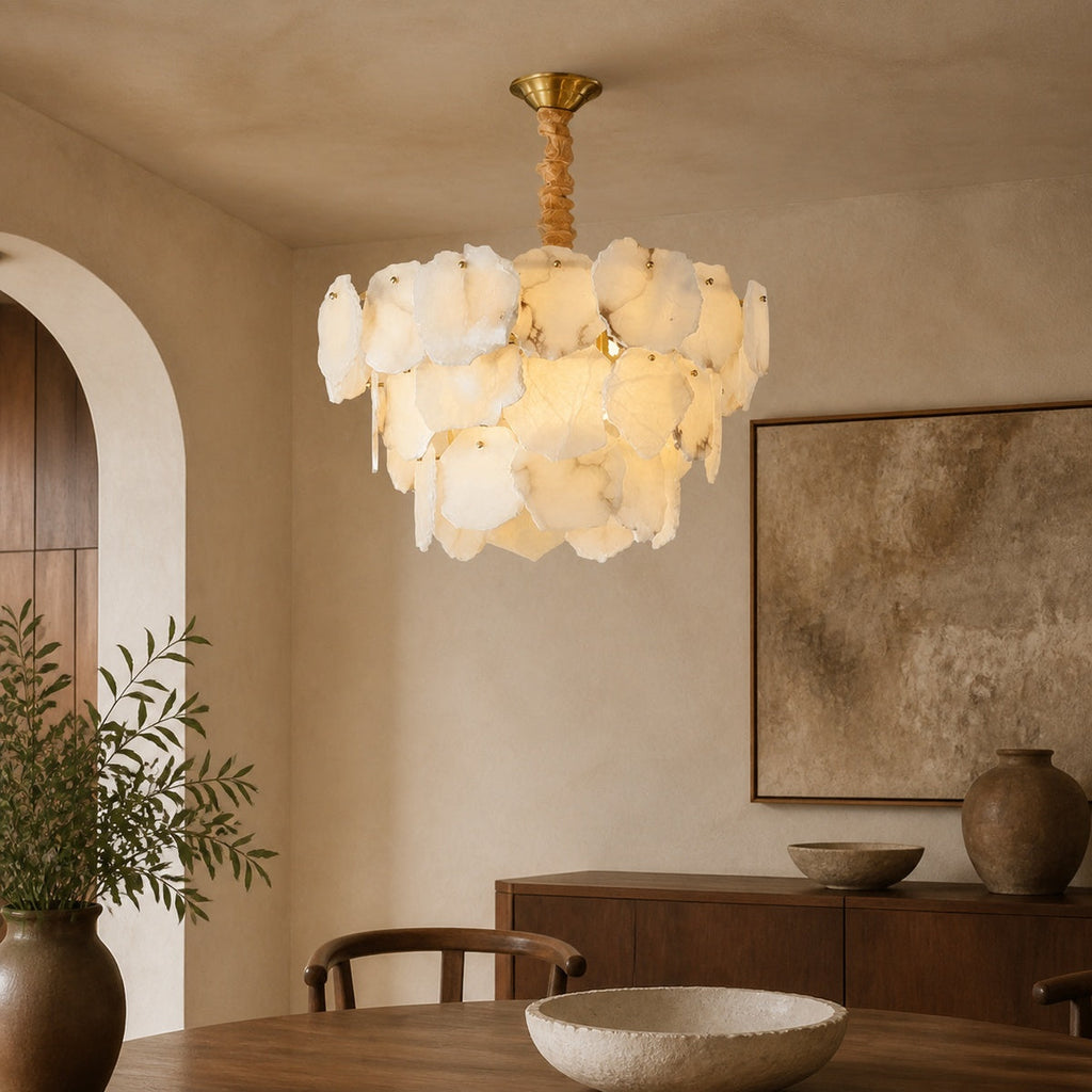 Modern Alabaster Multi-Layer Chandelier in a warm dining interior
