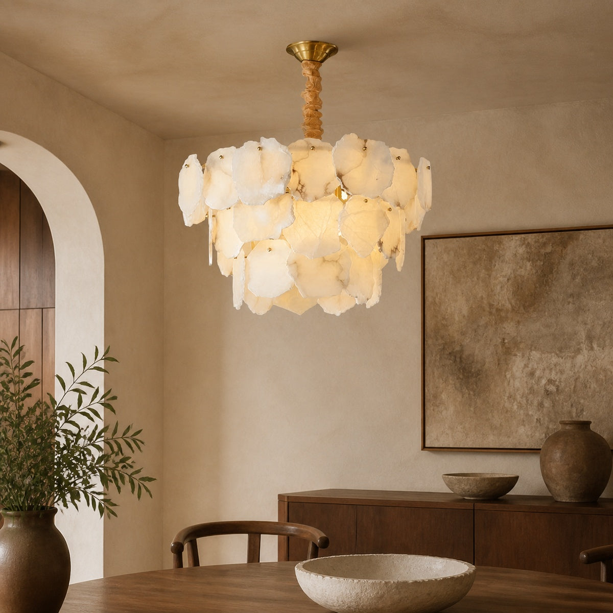 Modern Alabaster Multi-Layer Chandelier in a warm dining interior