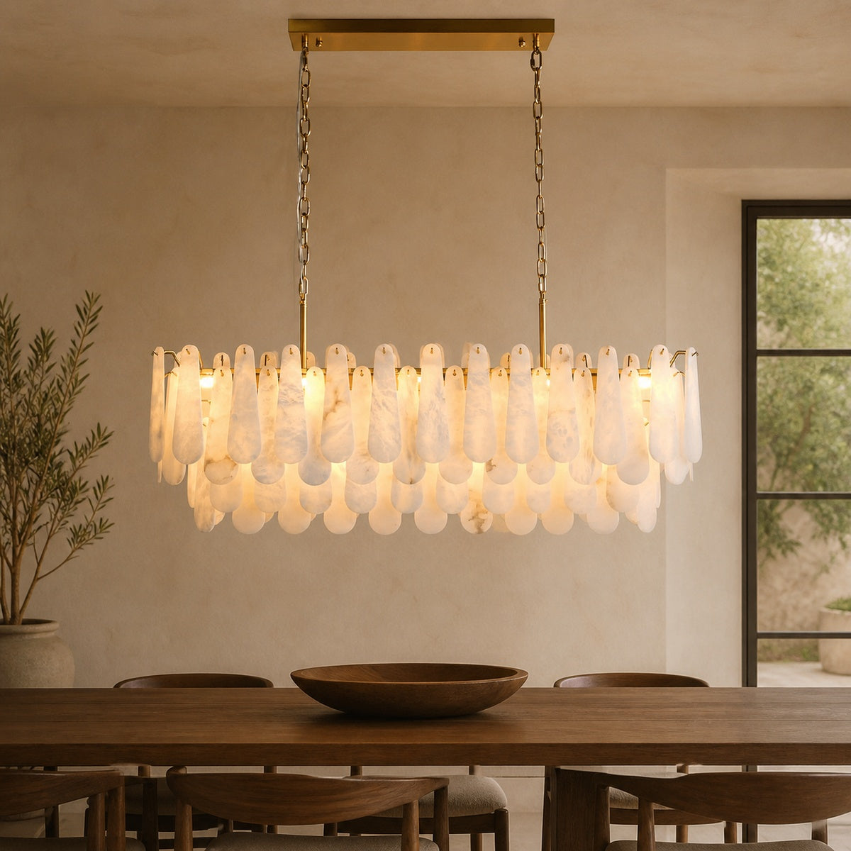 Modern Alabaster Rectangle Chandelier in a warm dining interior