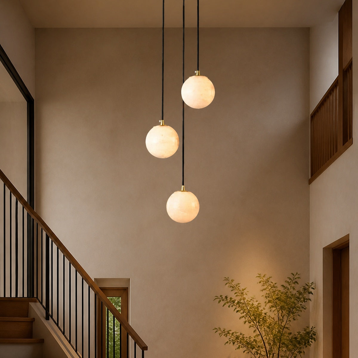 Modern Alabaster Global Staircase Chandelier in a warm staircase interior