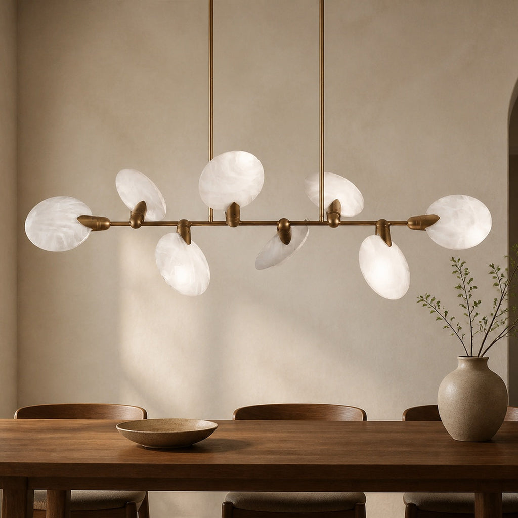 Leafloor Modern Linear Chandelier in a warm dining interior