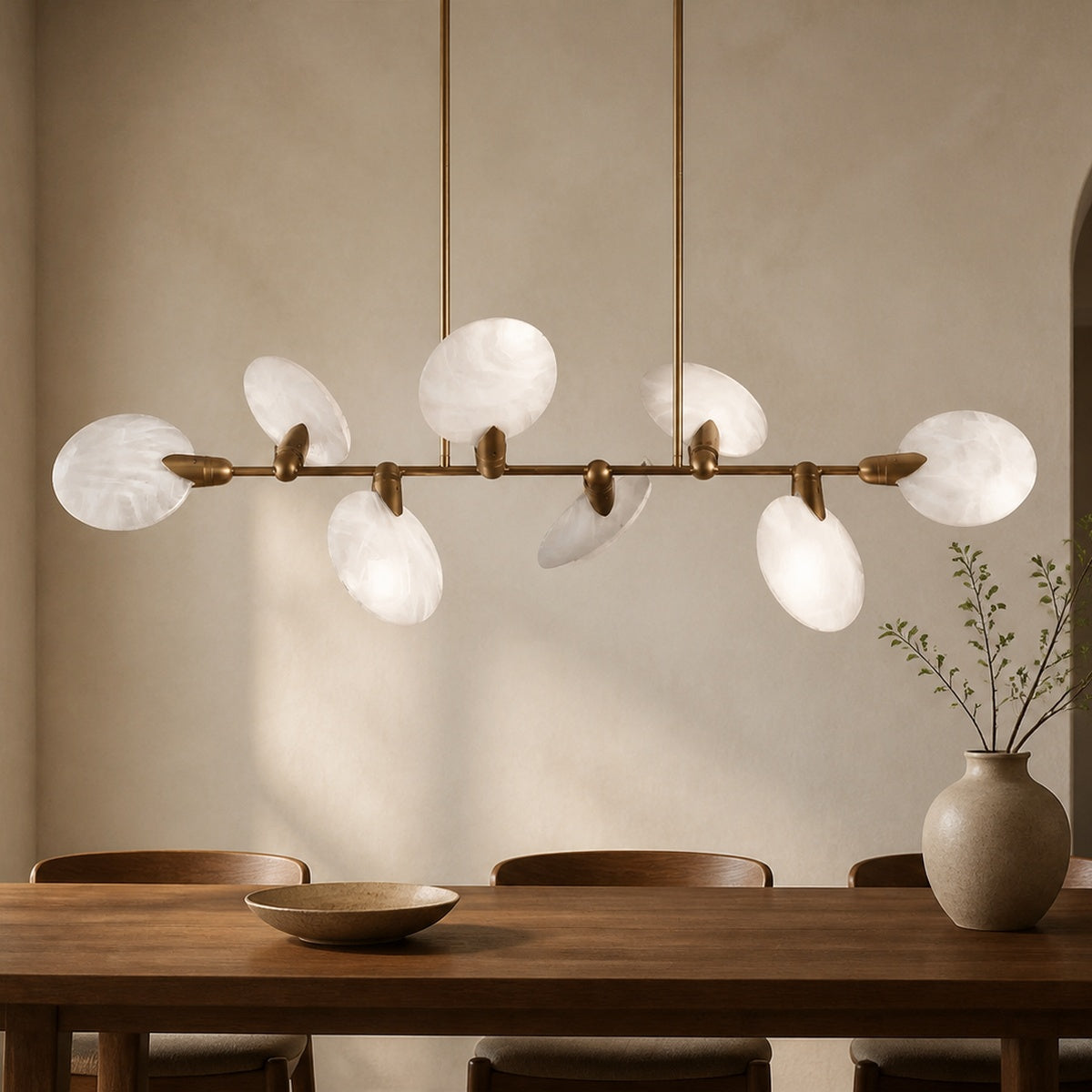 Leafloor Modern Linear Chandelier in a warm dining interior