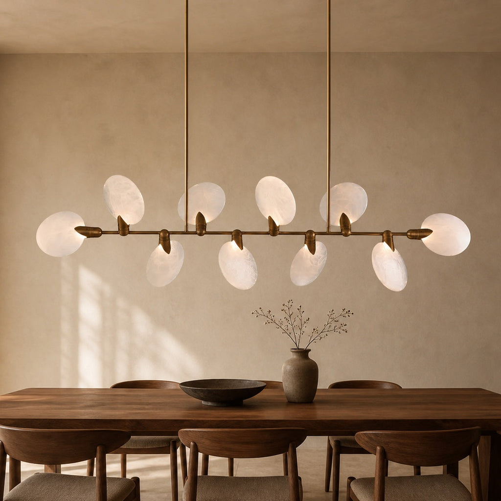 Leafloor Modern Linear Chandelier 74 inch in a warm dining interior
