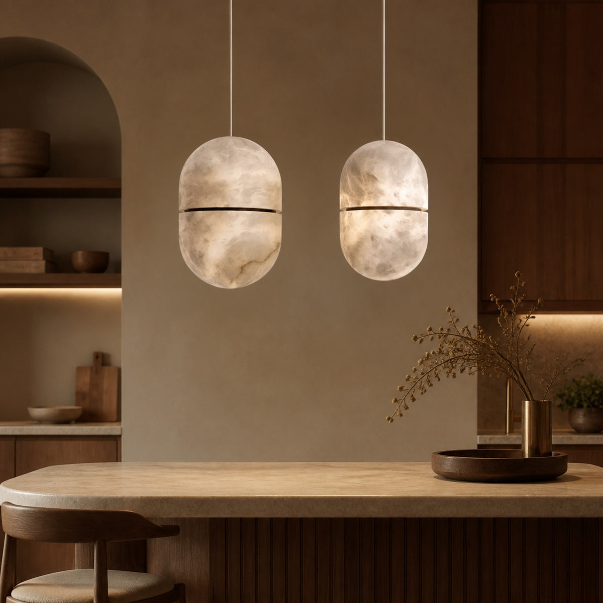Modern Alabaster Symmetry Island Mini Pendant Light in a warm kitchen interior