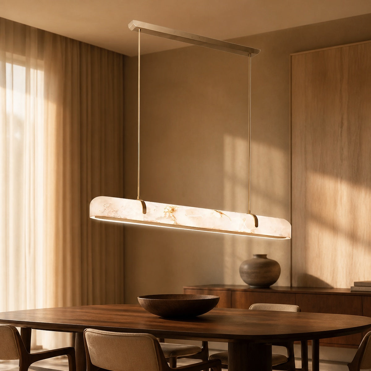 Modern Lamps Linear Alabaster Chandelier in a warm dining interior