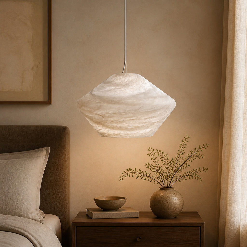 Decorative Modern Alabaster Bedside Pendant Light in a warm bedroom interior