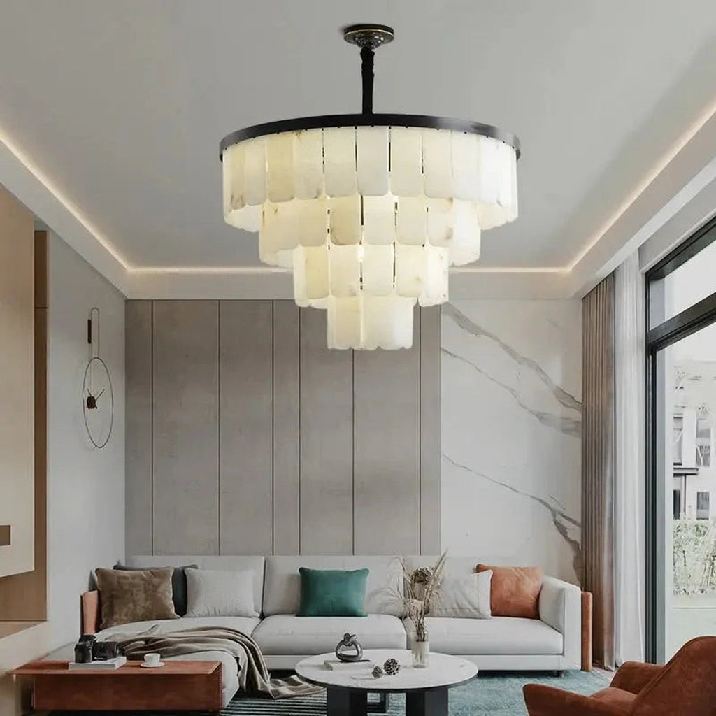 Modern Alabaster Multi-Tiered Round Chandelier
