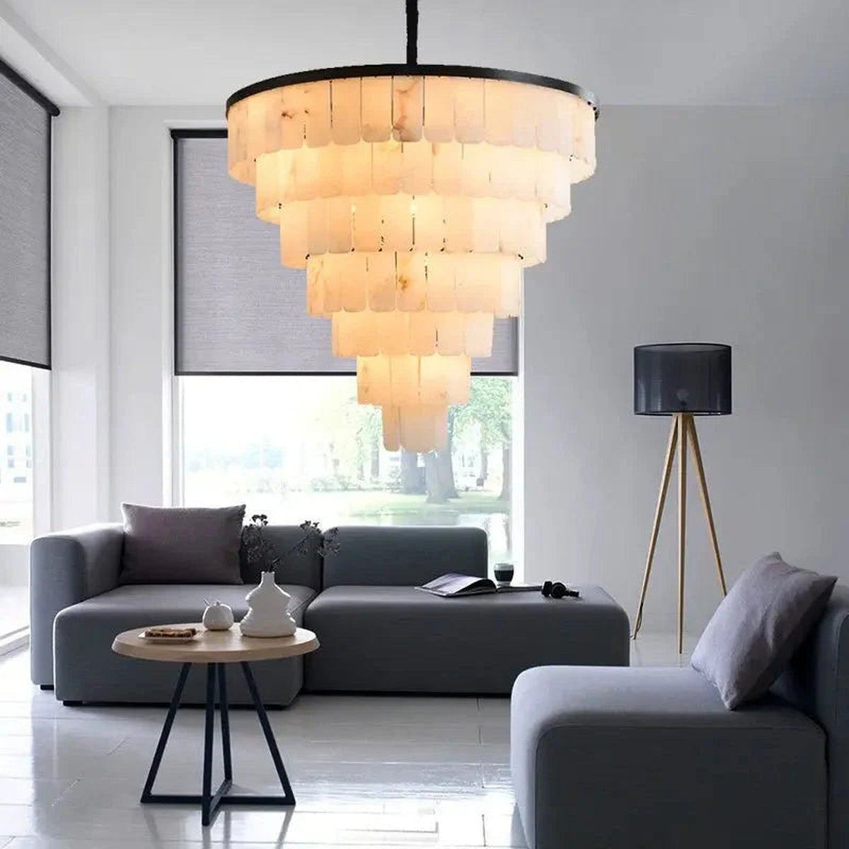 Modern Alabaster Multi-Tiered Round Chandelier