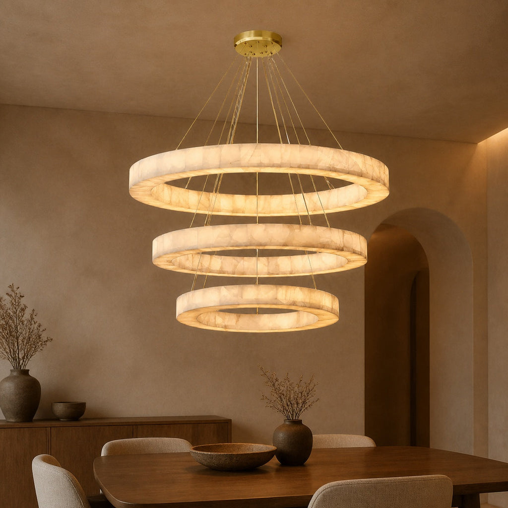 Modern 3-Tier Round Alabaster Chandelier in a warm dining interior