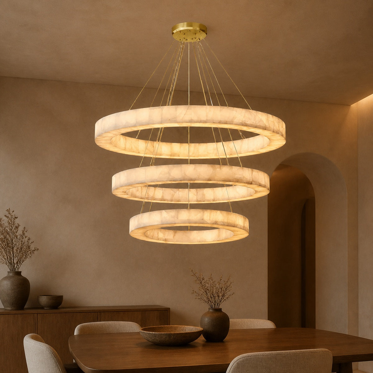 Modern 3-Tier Round Alabaster Chandelier in a warm dining interior
