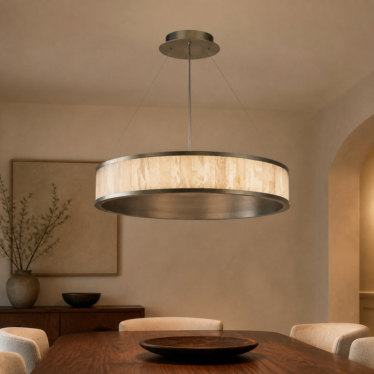 Modern Alabaster 28 inch LED Round Chandelier in a warm dining interior