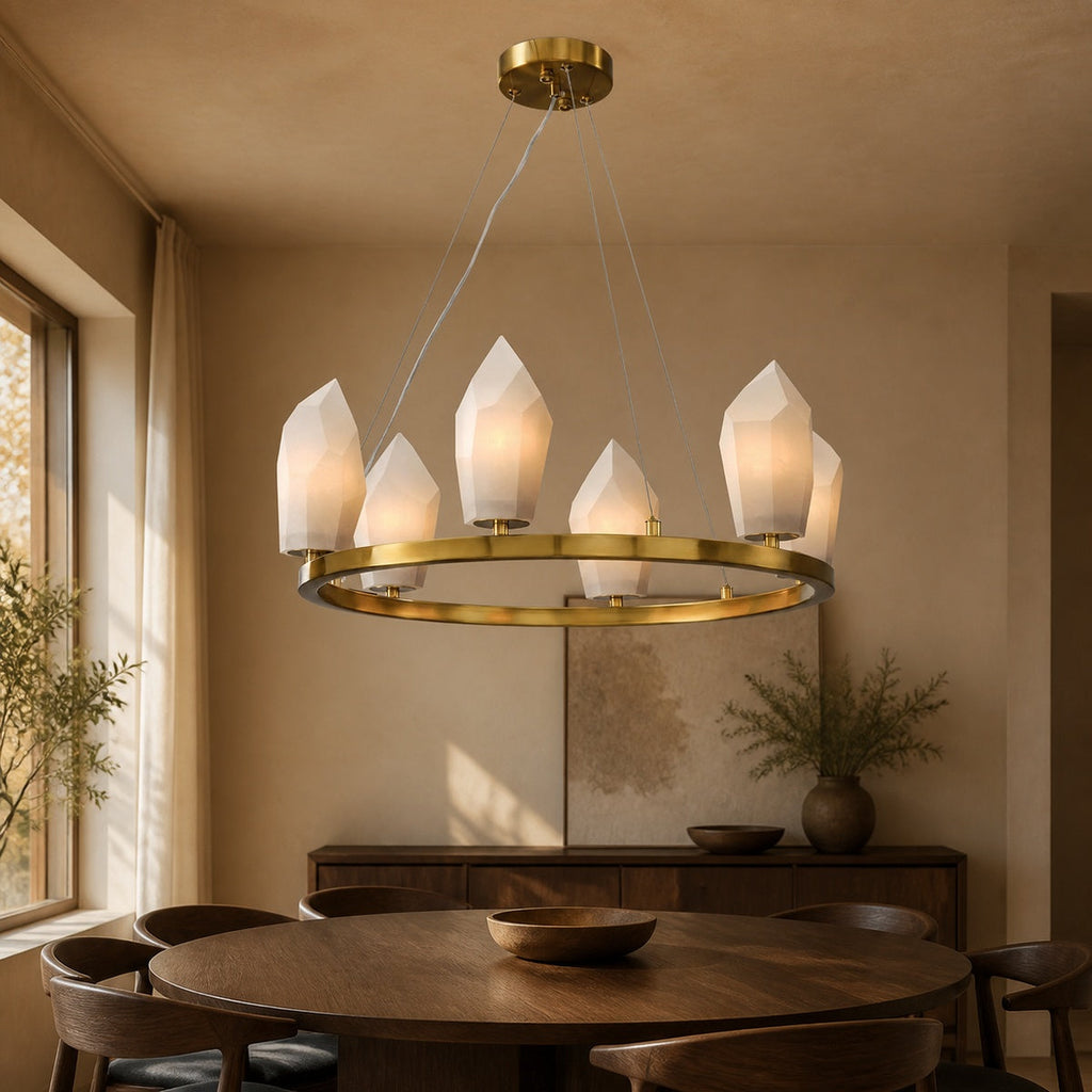 Modern Alabaster 23 inch 6-Light Gold Chandelier in a warm dining interior