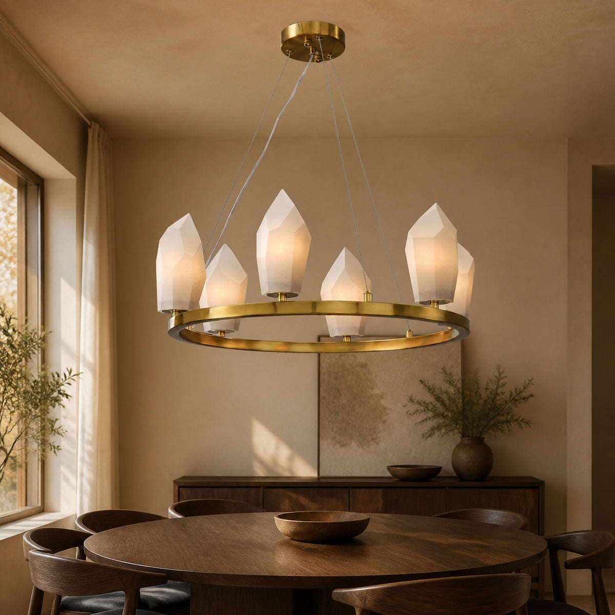 Modern Alabaster 23 inch 6-Light Gold Chandelier in a warm dining interior