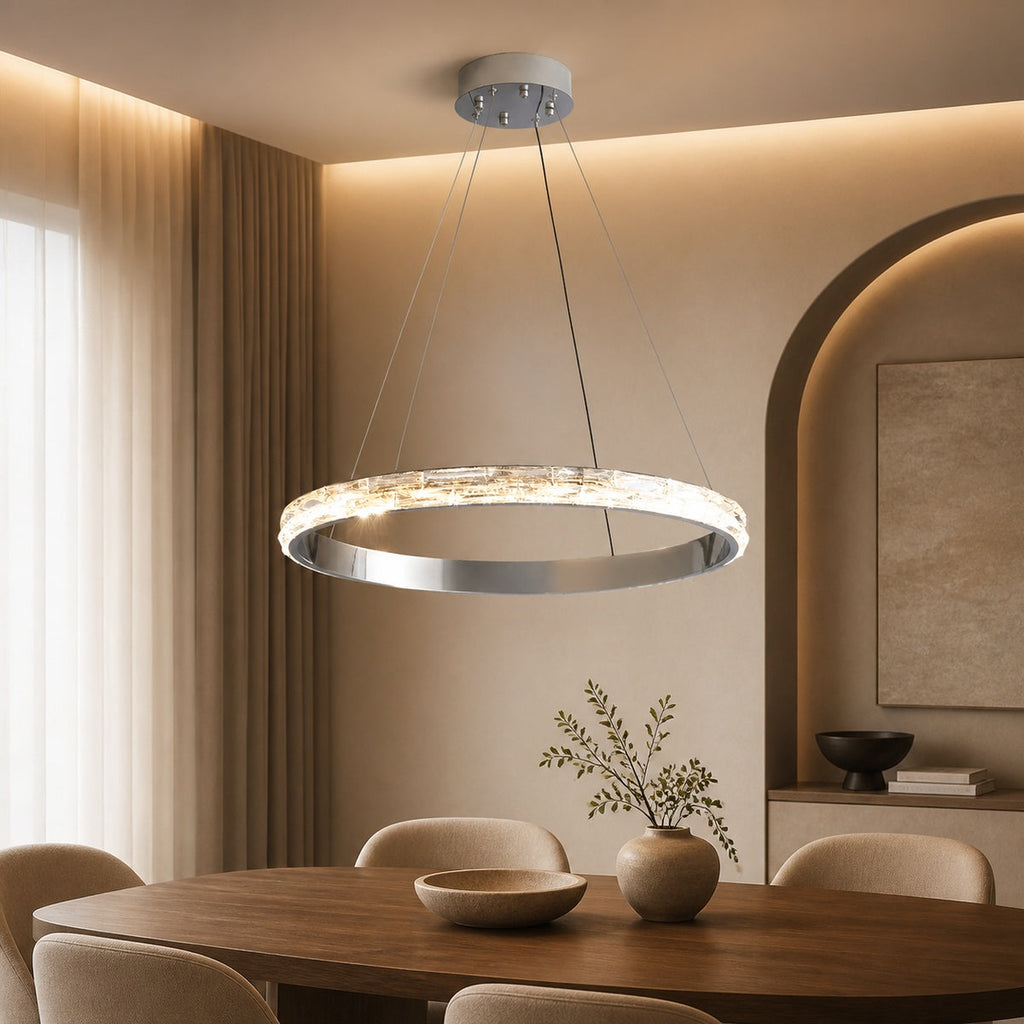 Modern LED Crystal Round Chandelier in a warm dining interior