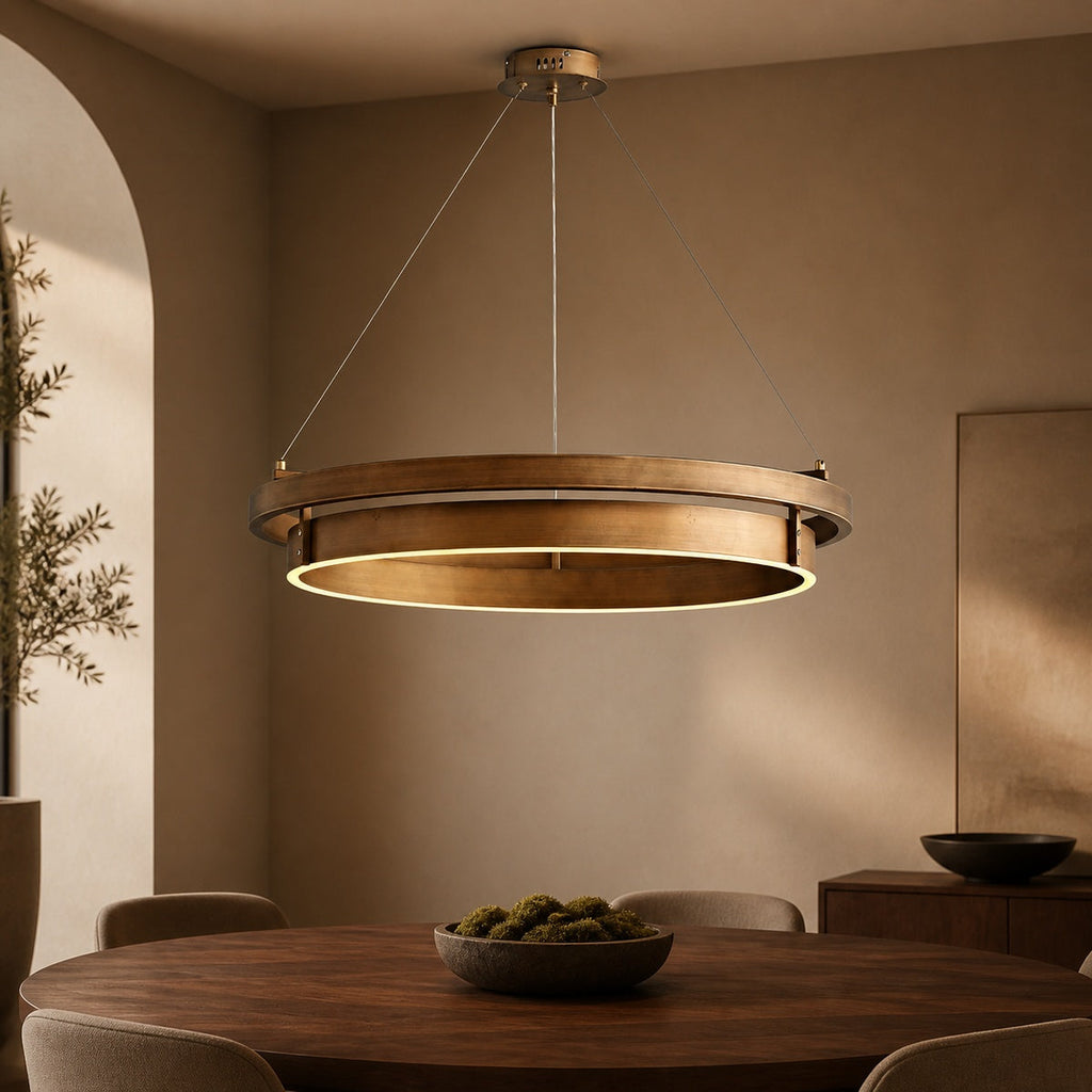 Modern Minimalist Round Chandelier in a warm dining interior