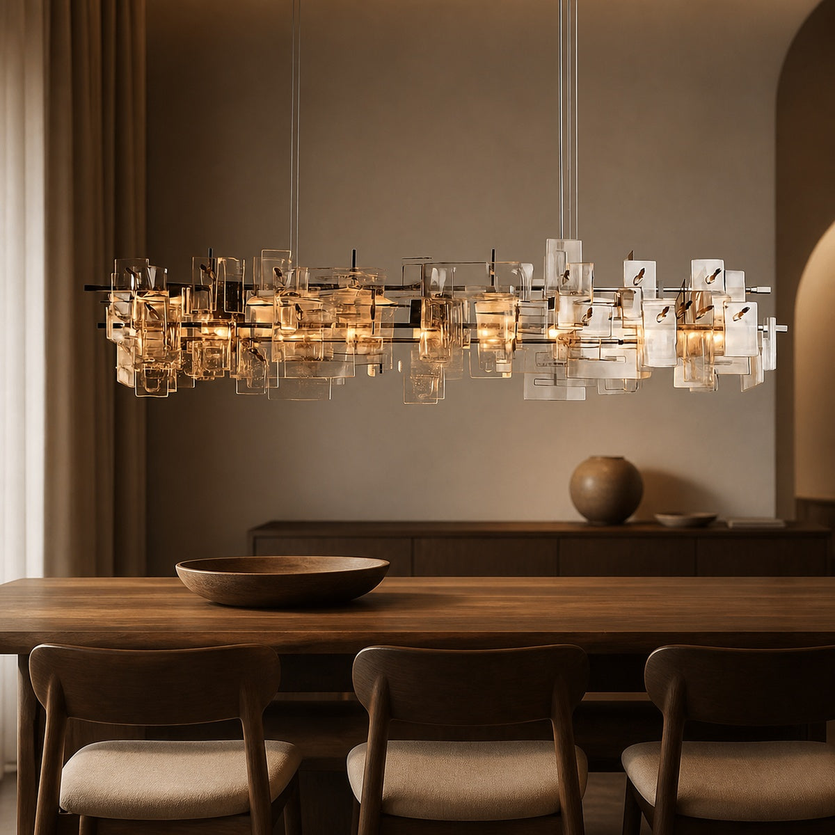 Modern Linear Chandelier in a warm dining interior