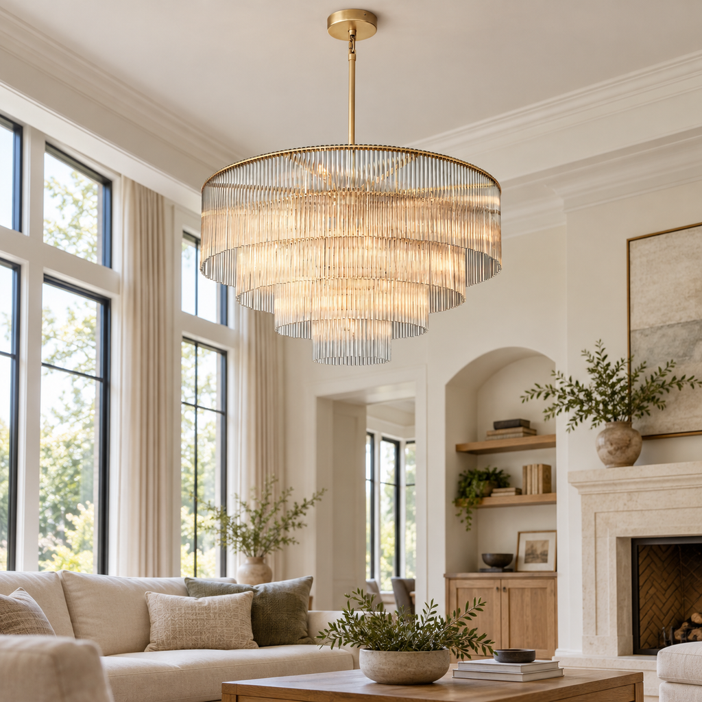 Amadeo round glass chandelier in a sunlit living room