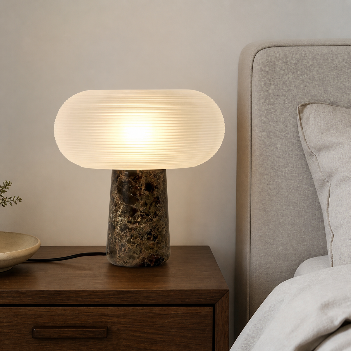 Anthea Marble and Glass Table Lamp on a modern bedroom nightstand