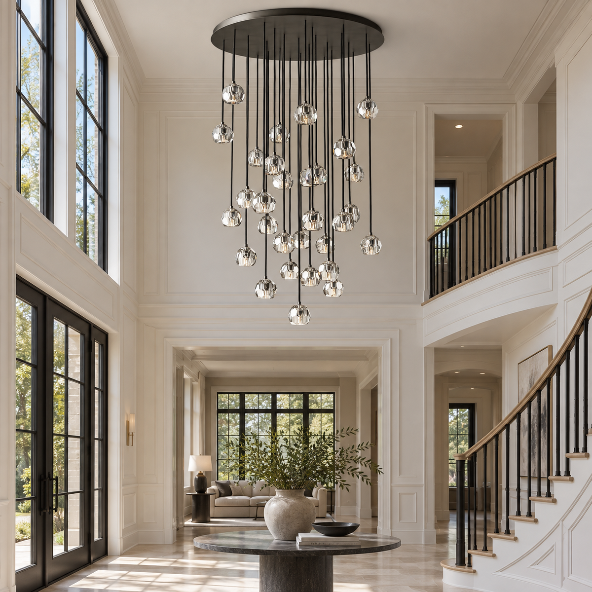 Boule De Cristal 40-inch clear glass cluster chandelier in a double-height villa foyer