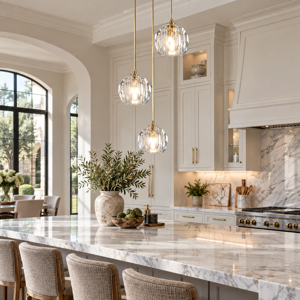 Boule De Cristal clear glass rod pendants above a marble kitchen island