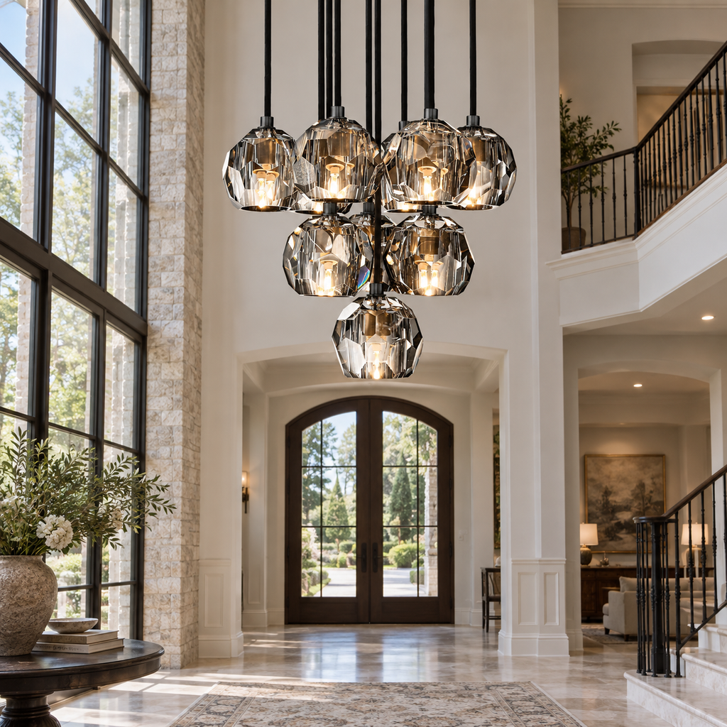 Boule De Cristal clear and smoke cluster chandelier installed in a double-height villa foyer
