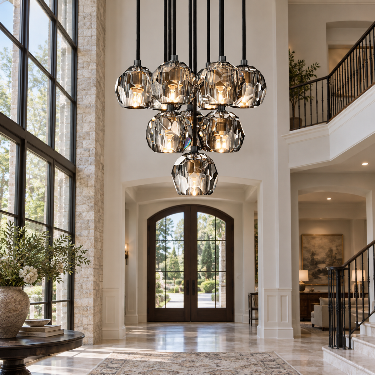 Boule De Cristal clear and smoke cluster chandelier installed in a double-height villa foyer