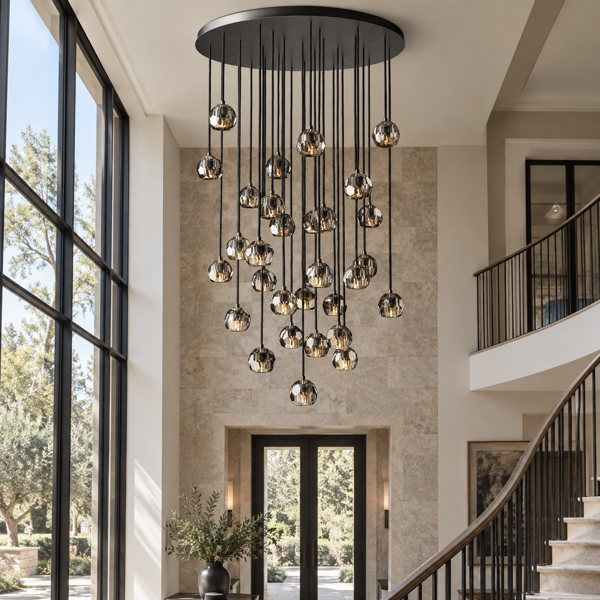 Boule De Cristal 40-inch smoke crystal chandelier in a double-height villa foyer