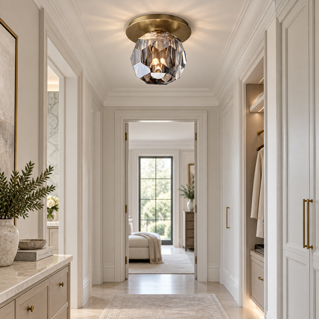 Boule De Cristal smoke glass flushmount installed in a luxury villa hallway