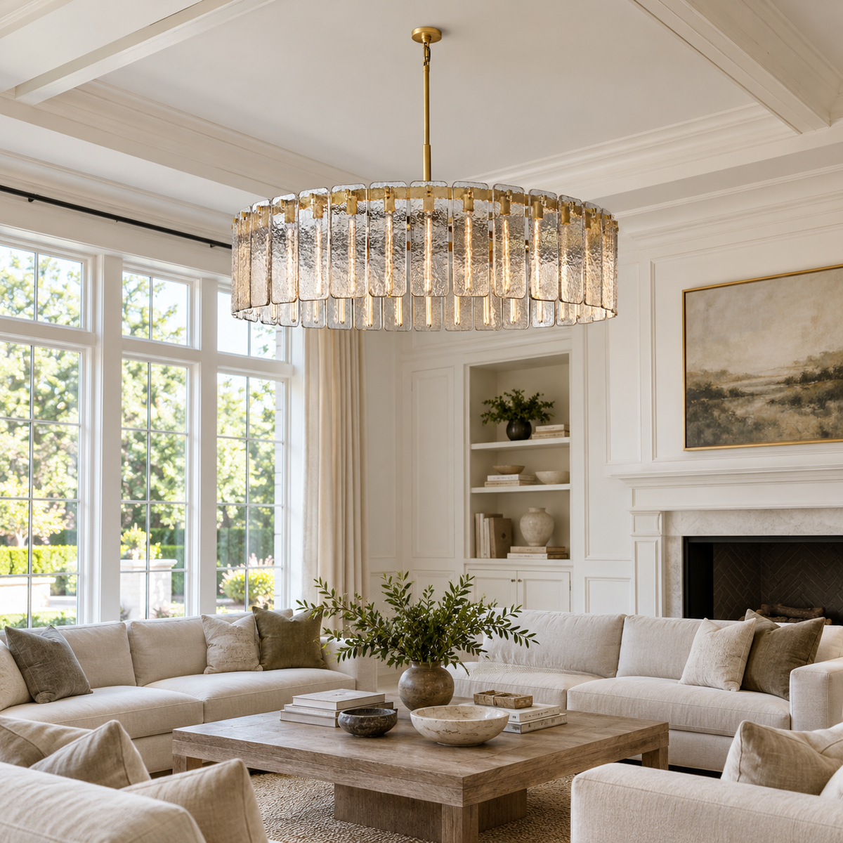 Calamette Glass Round Chandelier 60" installed in a naturally lit American villa interior