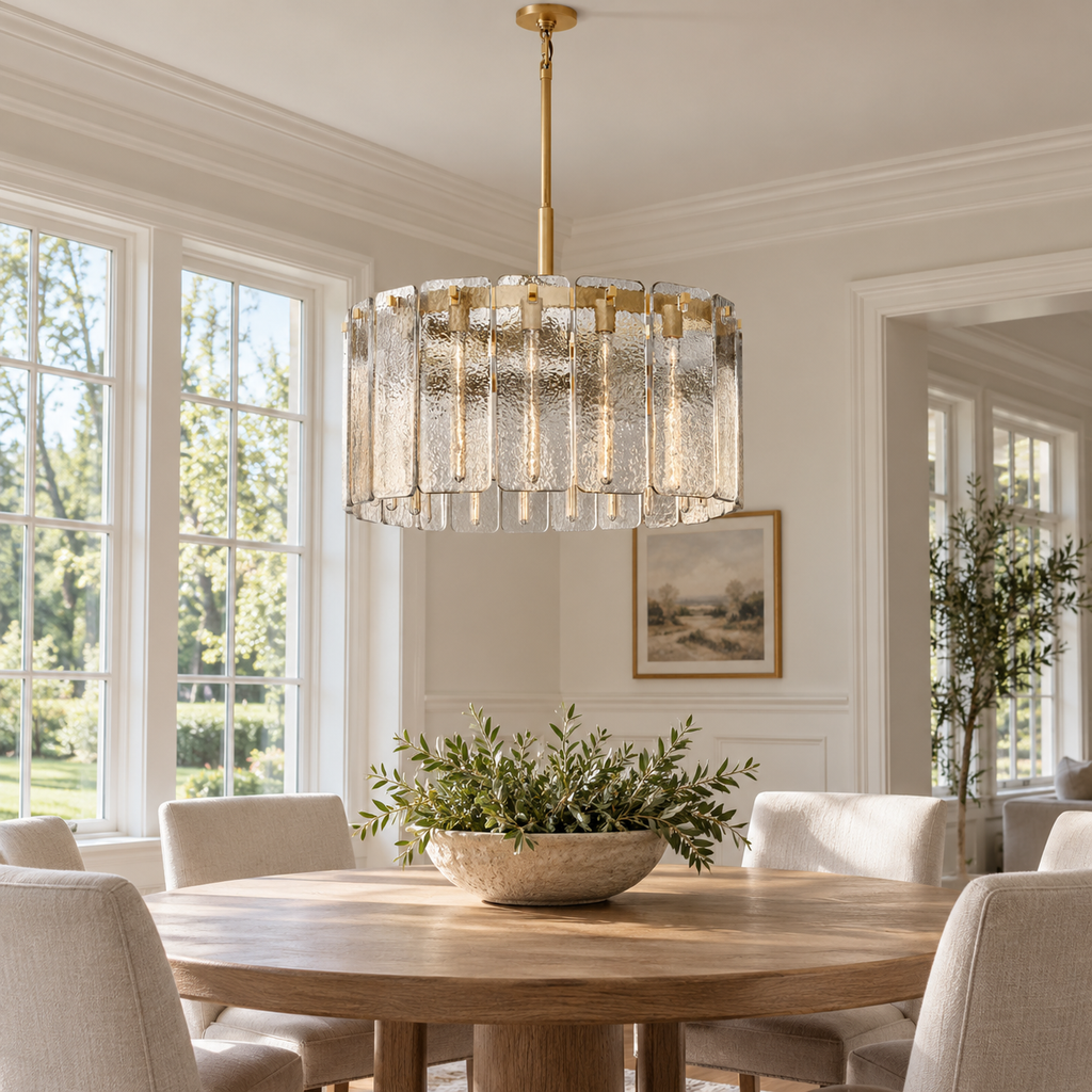 Calamette Glass Round Chandelier 36" installed in a naturally lit American villa interior