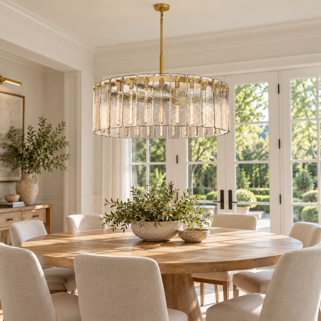 Calamette Glass Round Chandelier 48" installed in a naturally lit American villa interior