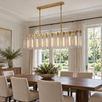 Calamette Glass Rectangular Chandelier 60" installed in a naturally lit American villa interior
