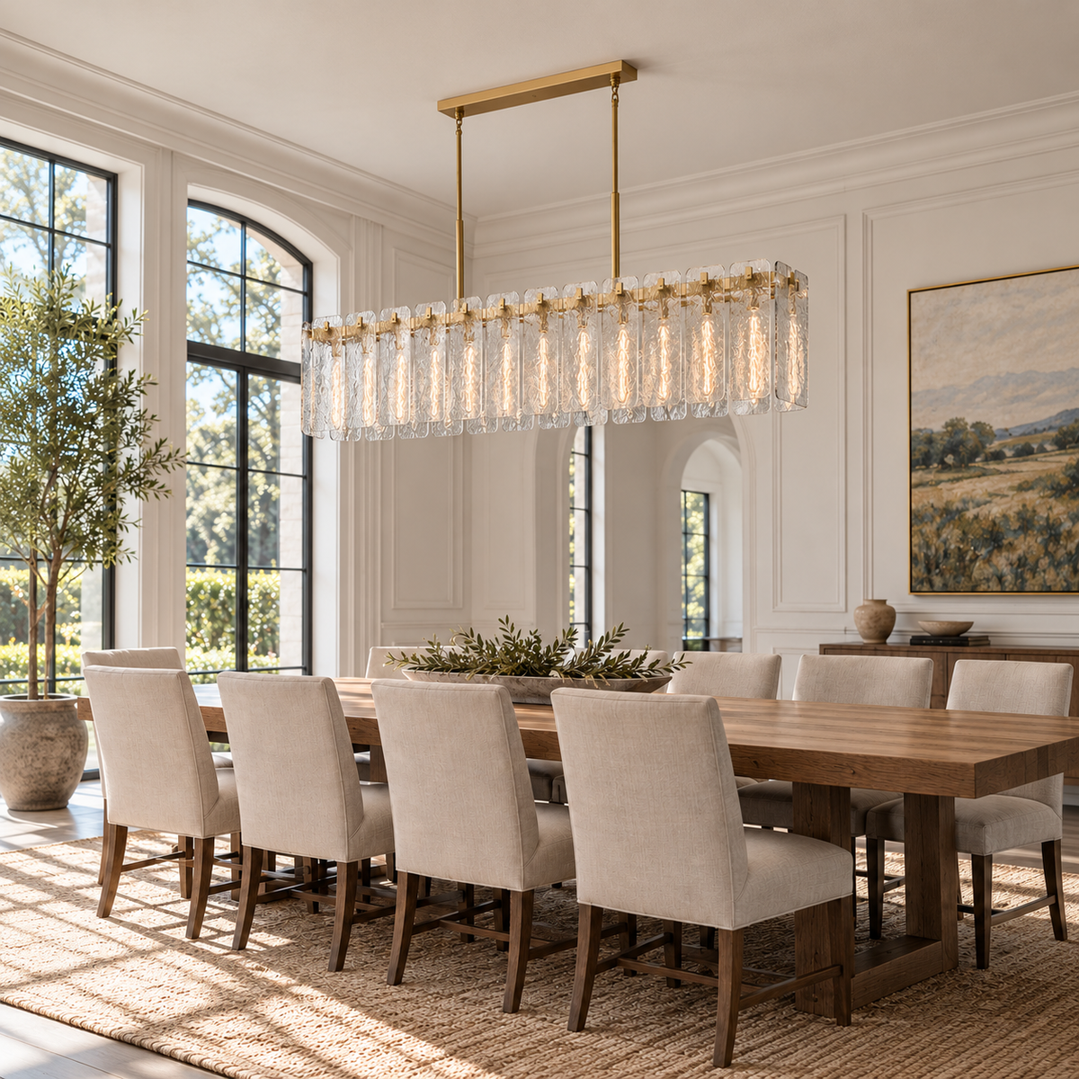 Calamette Glass Rectangular Chandelier 72" over a long dining table in a naturally lit American villa