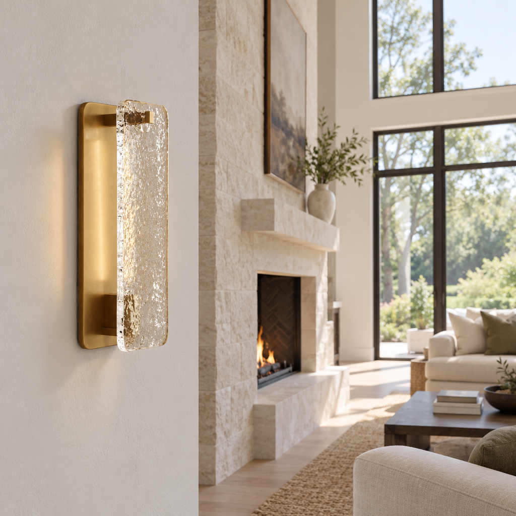 Calamette Glass Wall Sconce 12"/16" installed in a naturally lit American villa interior