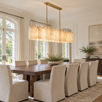 Calamette Alabaster Rectangular Chandelier 72" installed in a naturally lit American villa interior