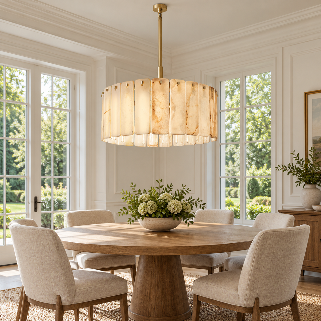 Calamette Alabaster Round Chandelier 36" installed in a naturally lit American villa interior