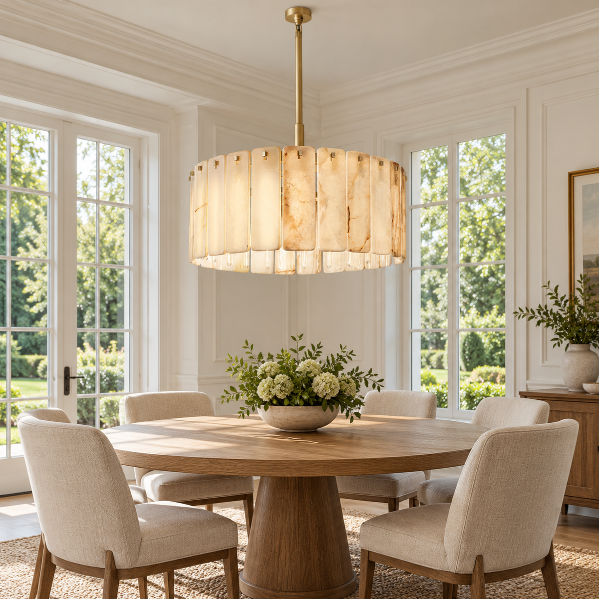 Calamette Alabaster Round Chandelier 36" installed in a naturally lit American villa interior