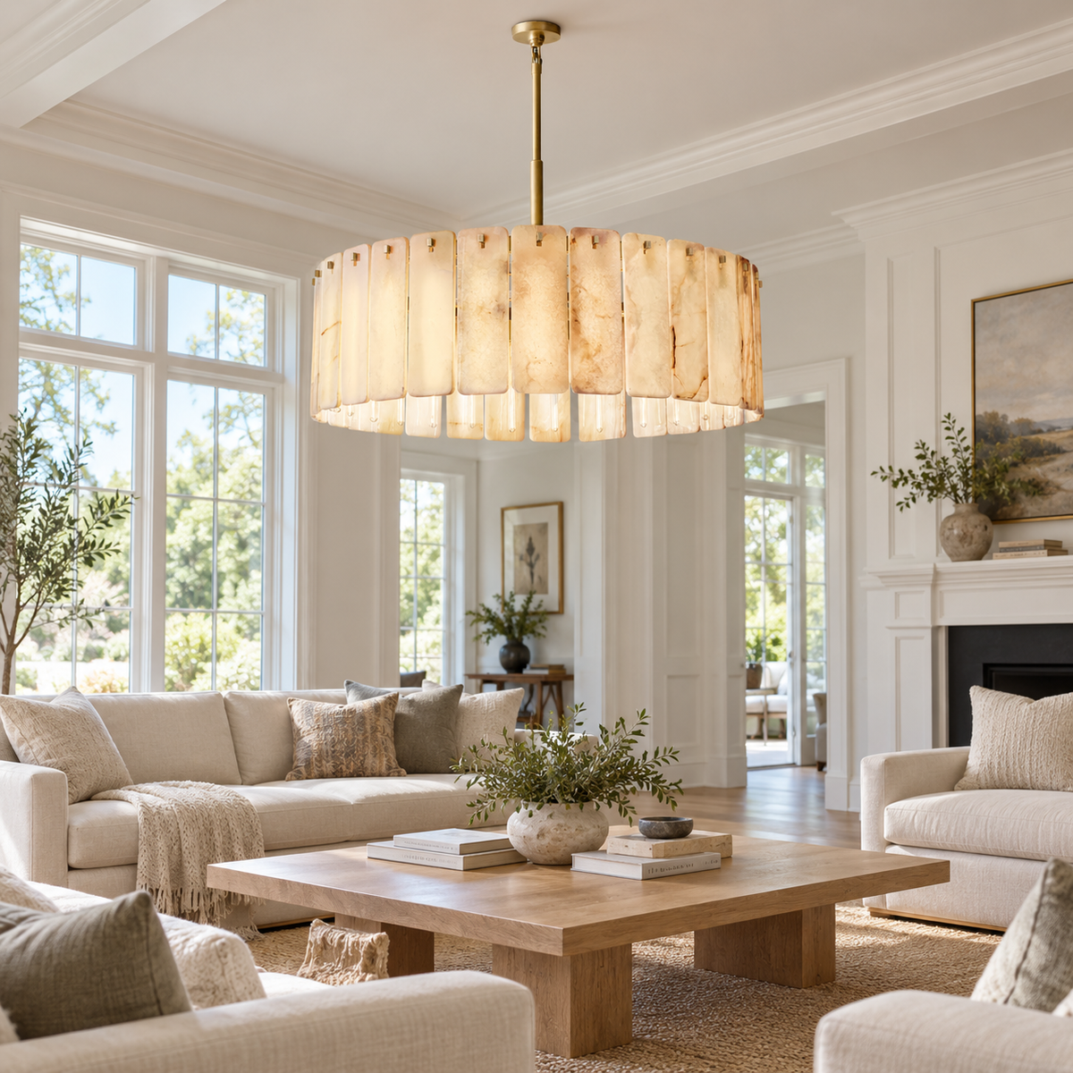 Calamette Alabaster Round Chandelier 48" installed in a naturally lit American villa interior