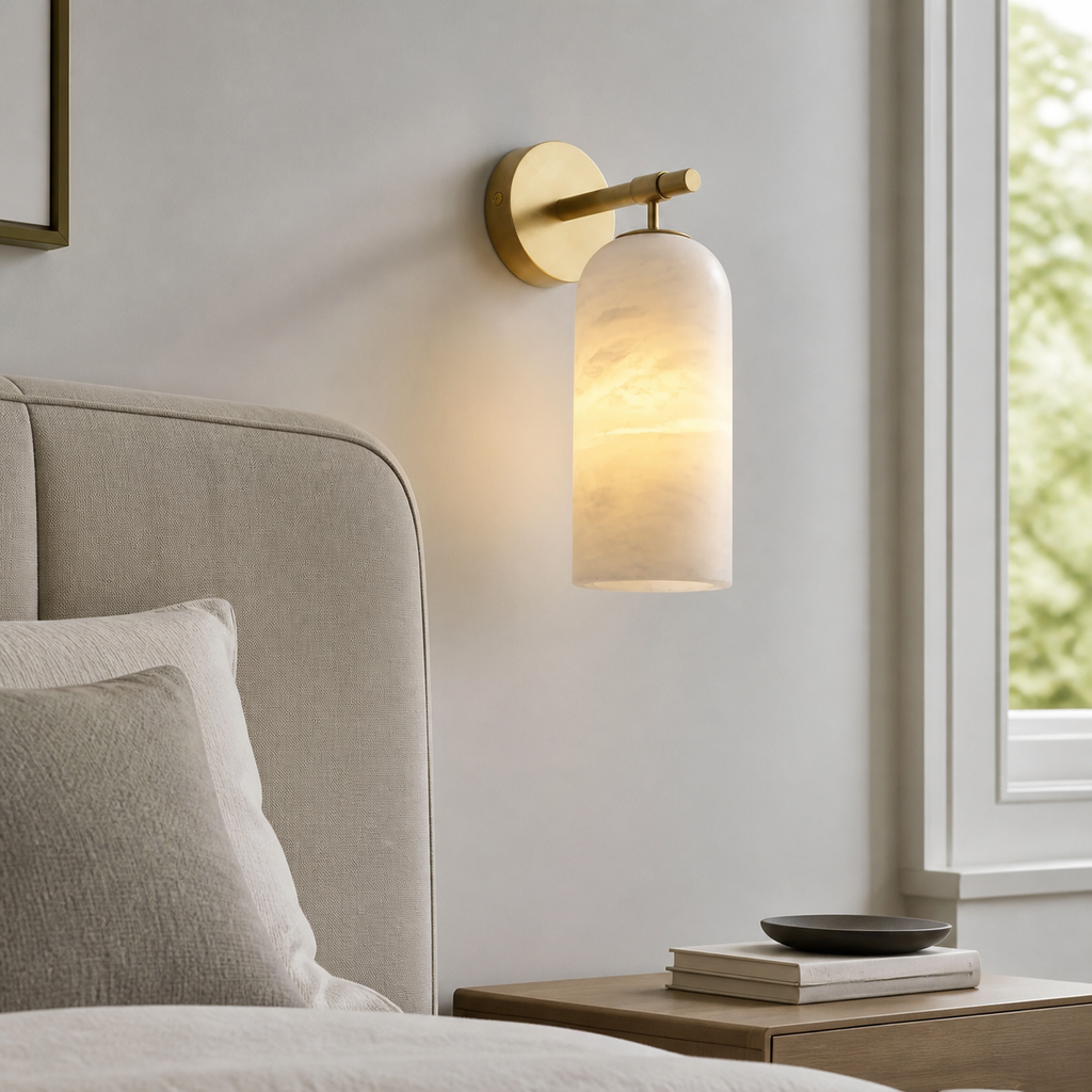 Callista Spanish Marble and Copper Wall Light installed beside a bed