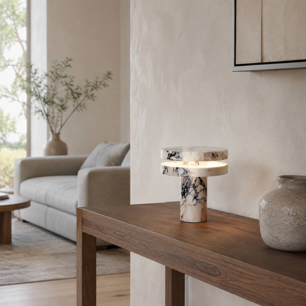 Danae Cordless Marble Table Lamp on a walnut console