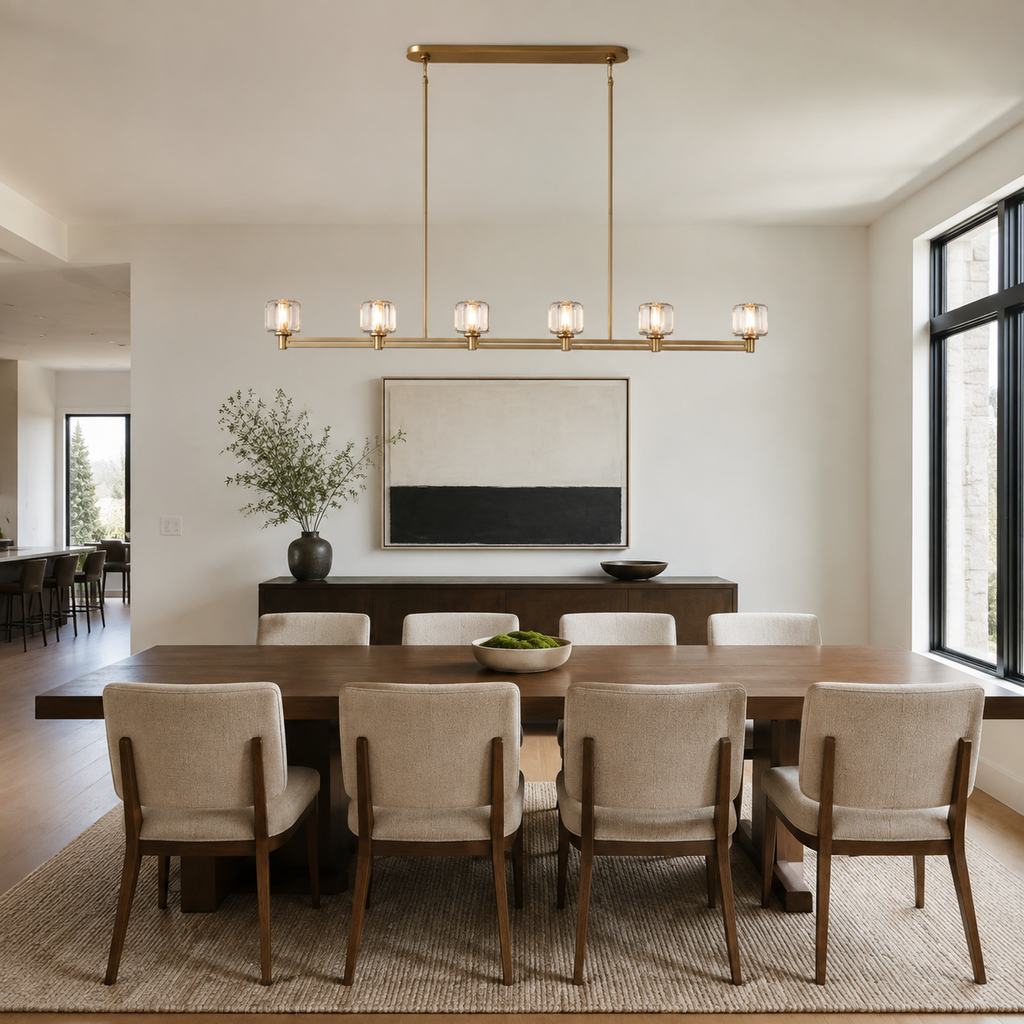 Demaret Linear Chandelier installed above a long dining table