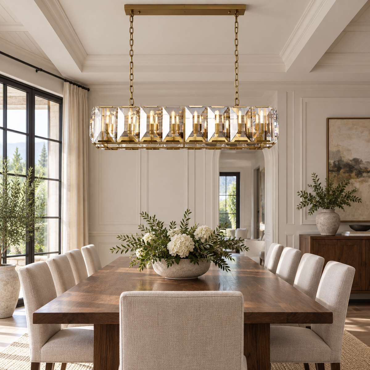 Harlow Crystal Rectangular Chandelier 54 inch in a luxury villa dining room