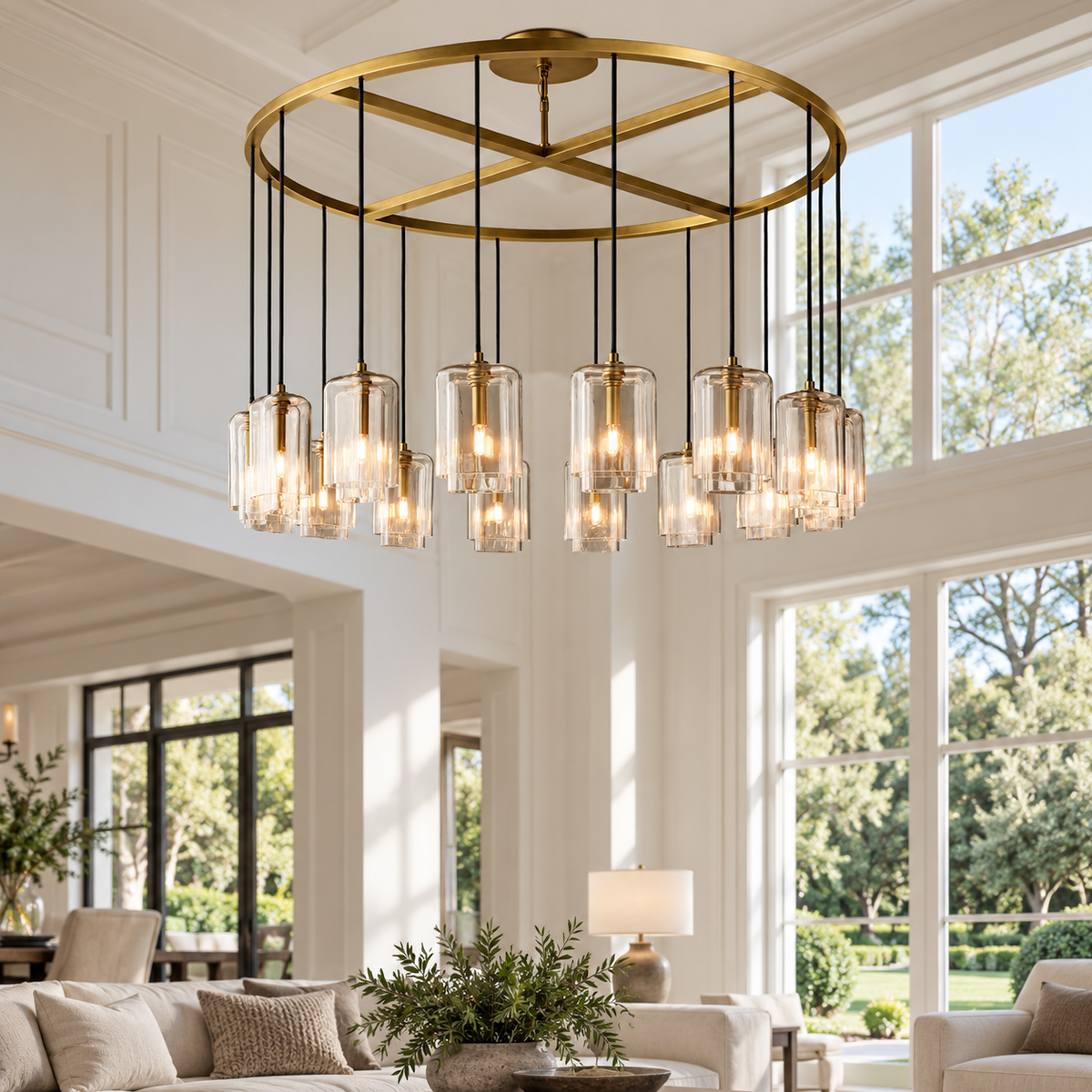 Lacour round clear-glass chandelier in a high-ceiling living room