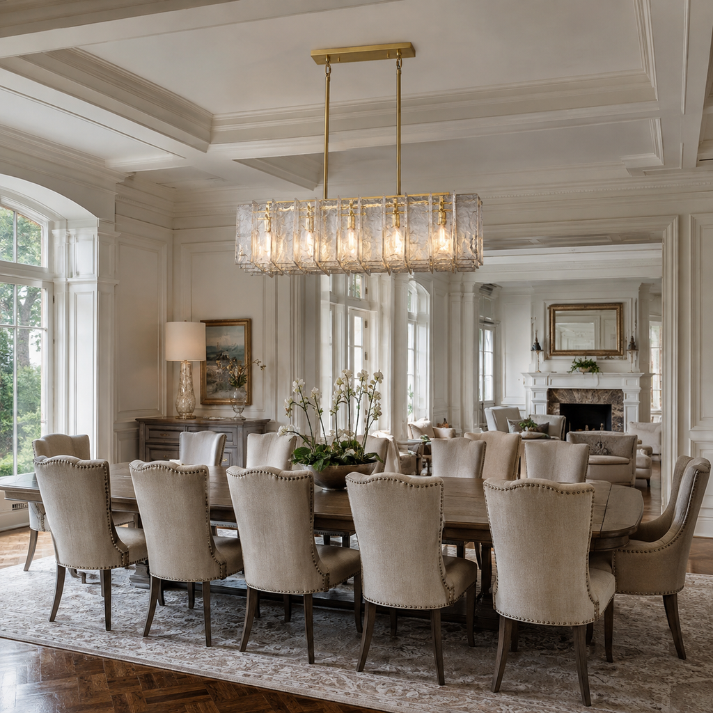 Lattice Linear Glass Chandelier 49 inch in an American luxury villa dining room