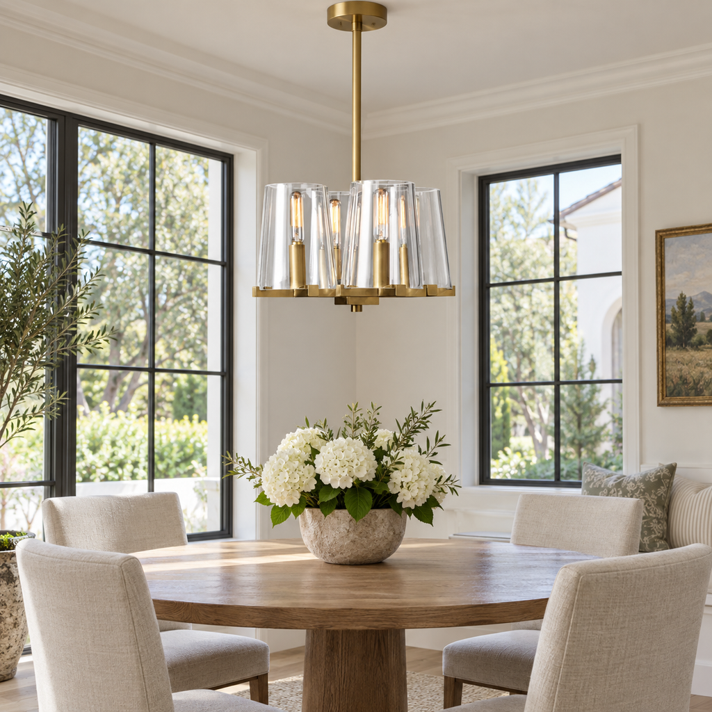 Pauillac four-light glass pendant in a bright villa dining nook